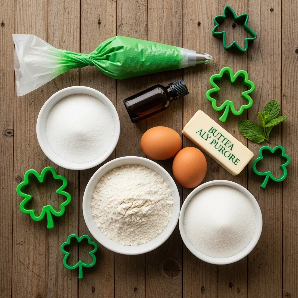 St. Patrick’s Day Sugar Cookies ingredients laid out on wooden table