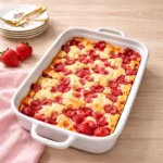 Strawberry Cobbler in white baking dish