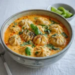 Thai Curry Dumpling Soup in a bowl with dumplings and coconut broth
