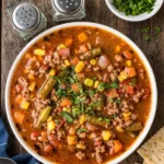 Vegetable Beef Soup in a rustic bowl