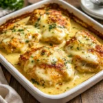 Golden brown Best Keto Garlic Parmesan Chicken in a white baking dish