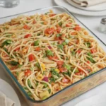 Cookout Spaghetti Salad in glass bowl with veggies and cheese