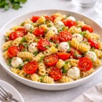 A large bowl of Creamy Caprese Pasta Salad with tomatoes and basil