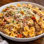 Creamy Ground Beef Bowtie Pasta in a skillet with melted cheese