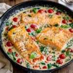 A skillet of Creamy Tuscan Salmon with spinach and cherry tomatoes