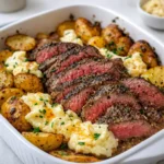 Garlic Butter Steak and Cheddar Potato Bake