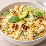 A vibrant bowl of Healthy Street Corn Pasta Salad with avocado and lime.