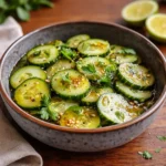 Fresh Honey Lime Cucumber Salad in a white bowl with mint garnish.