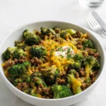 Keto Hamburger Broccoli Skillet in skillet with melted cheese