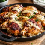 A close-up of cheesy Mississippi Mud Chicken with crispy onions.