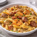 A delicious bowl of Pappadeaux Mardi Gras Pasta with shrimp and chicken.