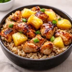 A vibrant skillet of Pineapple Chicken and Rice garnished with green onions.