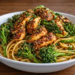 Spicy Garlic Chicken and Broccoli Noodle Bowls in a ceramic bowl