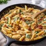 A delicious plate of Tasty Marry Me Chicken Pasta with sun-dried tomatoes and fresh basil.