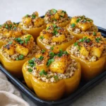 Teriyaki Pineapple Chicken and Rice Stuffed Peppers in a baking dish