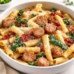Tuscan Sausage Pasta in Creamy Sauce with spinach and sun-dried tomatoes.