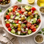 Fresh Greek Salad in a white bowl on a wooden table