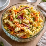 A large bowl of addictive crack pasta salad with tomatoes and feta.
