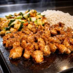 Blackstone Hibachi Chicken On The Griddle cooking with vegetables