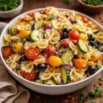 A vibrant bowl of California Pasta Salad with bow tie pasta and fresh vegetables.