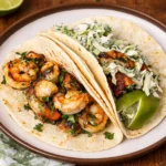 Cilantro Lime Shrimp Tacos with Creamy Slaw on a wooden board