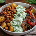 A bowl of Classic Mediterranean Roasted Vegetables on creamy sauce