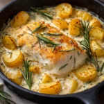 Cod and potatoes in rosemary cream sauce skillet