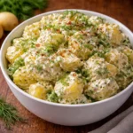 Creamy Southern Style Potato Salad in a white bowl on a wooden table.