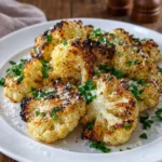 Crispy Roasted Cauliflower on a baking sheet with parsley