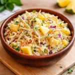 A bowl of colorful Pineapple Slaw on a white wooden table