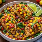 Easy Mango Salsa Chicken on a platter with fresh lime
