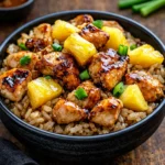 A skillet of Easy Pineapple Chicken and Rice topped with green onions and sesame seeds.