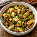 A hot pan of Easy Zucchini Mushroom Chicken Stir Fry topped with sesame seeds.
