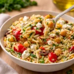 A vibrant Feta Mediterranean Orzo Salad with tomatoes and olives in a white bowl.