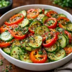 Fresh and Zesty Cucumber Sweet Pepper Salad in a white bowl on a kitchen counter.