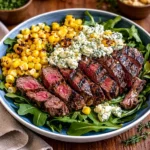 Grilled Balsamic Steak Salad with Gorgonzola and Corn on a wooden table
