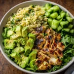 Grilled Chicken Orzo Salad with fresh vegetables and feta cheese