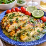 Juicy Grilled Salsa Verde Pepper Jack Chicken with melted cheese and cilantro
