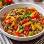 A sizzling skillet of ground turkey and peppers with fresh cilantro.