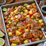 A colorful Hawaiian Chicken Sheet Pan with roasted chicken, peppers, and pineapple.