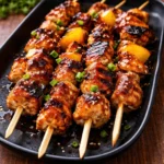Delicious grilled Hawaiian Chicken Skewers with pineapple and peppers.