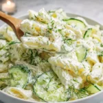 A large bowl of Healthy Cucumber Pasta Salad with creamy dill dressing and fresh cucumbers.