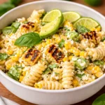 A vibrant bowl of Healthy Street Corn Pasta Salad with avocado and chili butter.