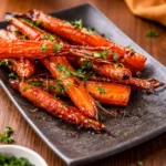 Honey Balsamic Roasted Carrots on a rustic platter garnished with parsley.