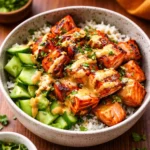Honey Glazed Salmon Rice Bowl with avocado and cucumber