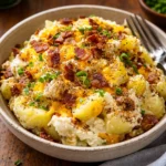 A bowl of Loaded Baked Potato Salad with cheese and chives.