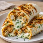 A close-up of toasted Low Carb Cheesy Garlic Chicken Wraps with melted cheese.