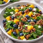 A colorful Mango Salad with Spinach and Blueberries in a white bowl on a wooden table.