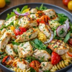 Mediterranean Chicken Pasta Salad in a white bowl