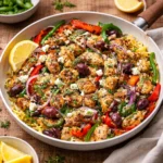 A colorful Mediterranean Chicken Stir Fry in a cast iron skillet with feta and parsley.